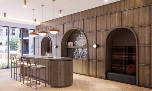 a community kitchen with tables seating and sink