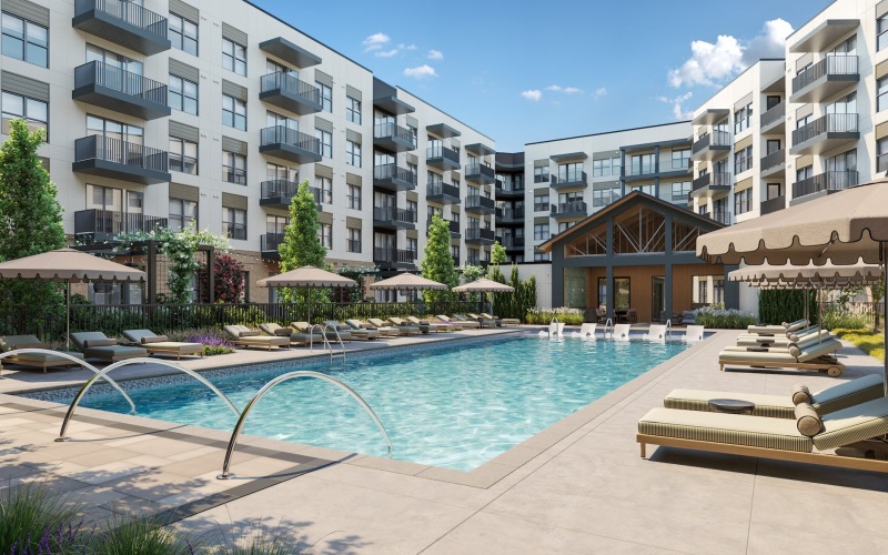 resort style pool in a courtyard