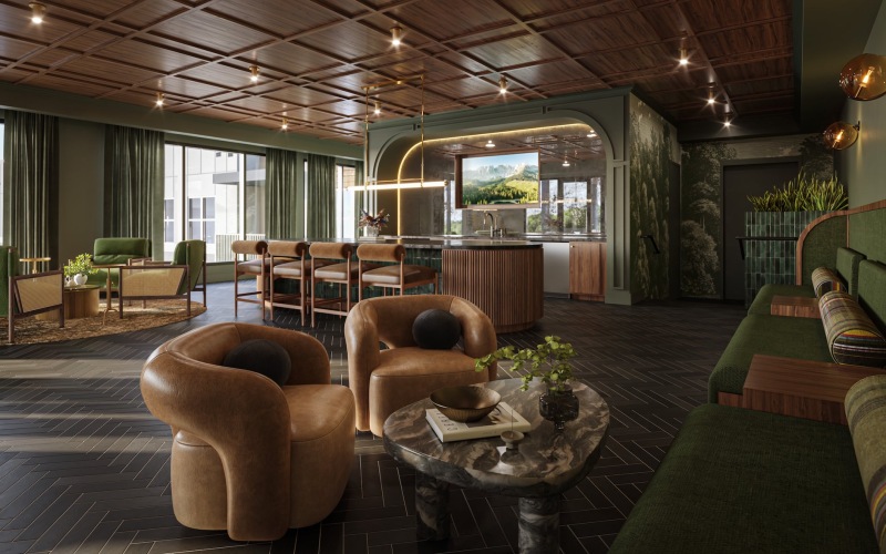 lounge with seating tables and a bar area