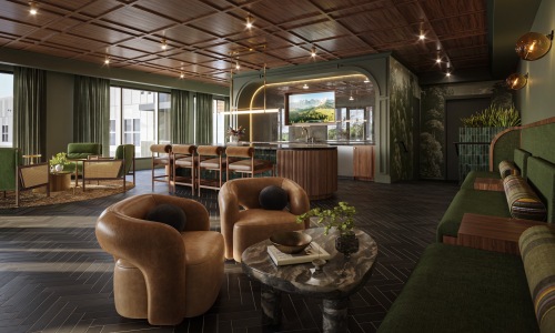 lounge with seating tables and a bar area