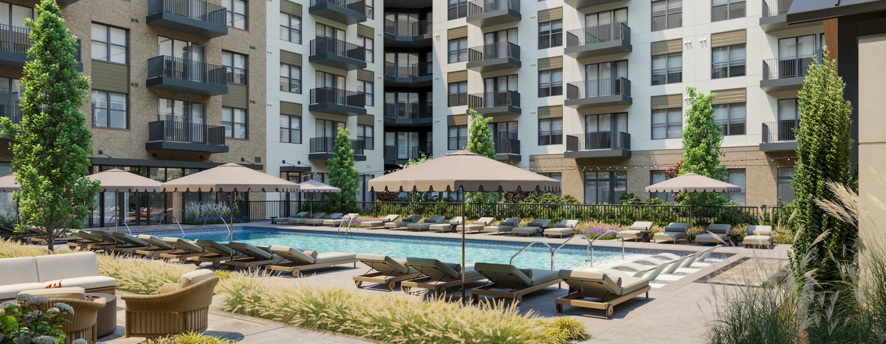 resort style pool with seating in a courtyard