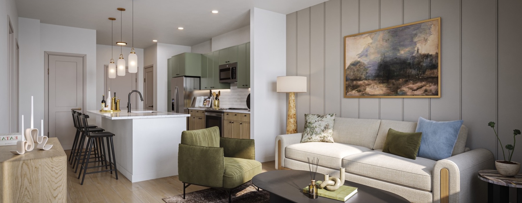 living room with furniture and a view of a kitchen