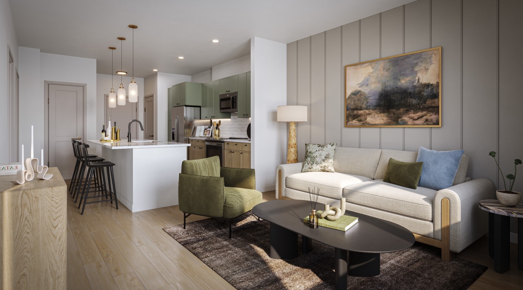 living room with furniture and a view of a kitchen
