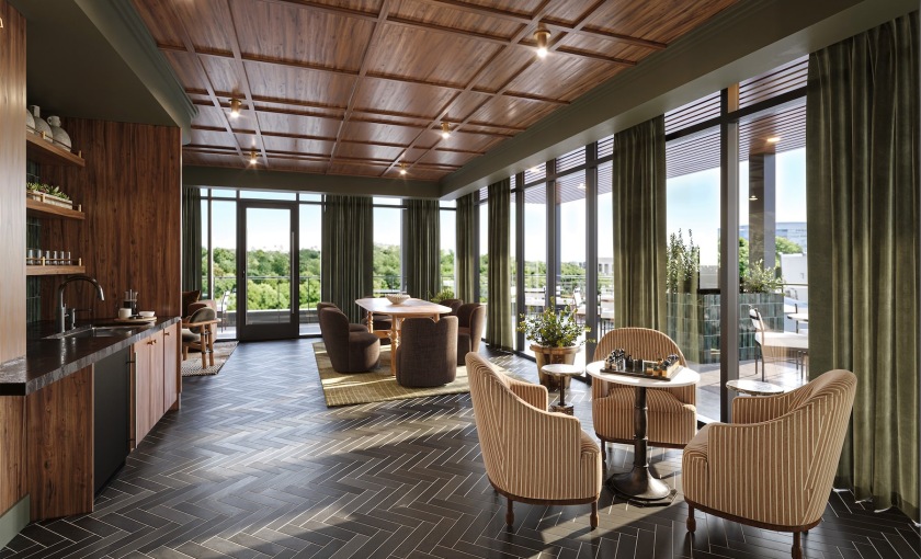 lounge with seating tables and large windows